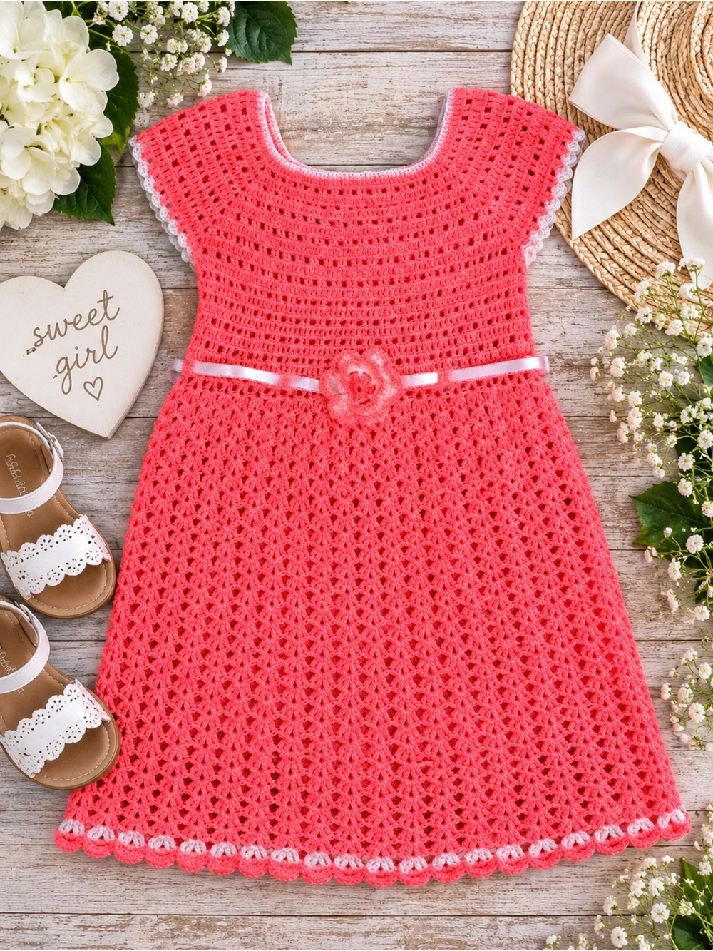 Handmade Crochet Girls Dress Pink Coral Cottagecore Heirloom Flower Ribbon